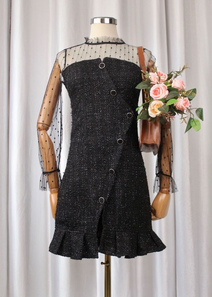 Chic Black Tweed XS Mini Dress