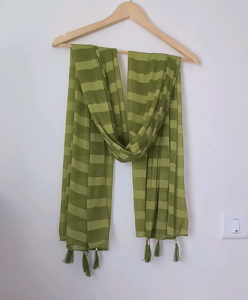 Green Striped Tassel Scarf