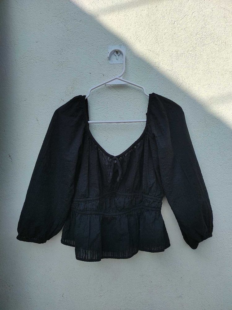 Women Cotton Black Striped Seersucker Bardot Top