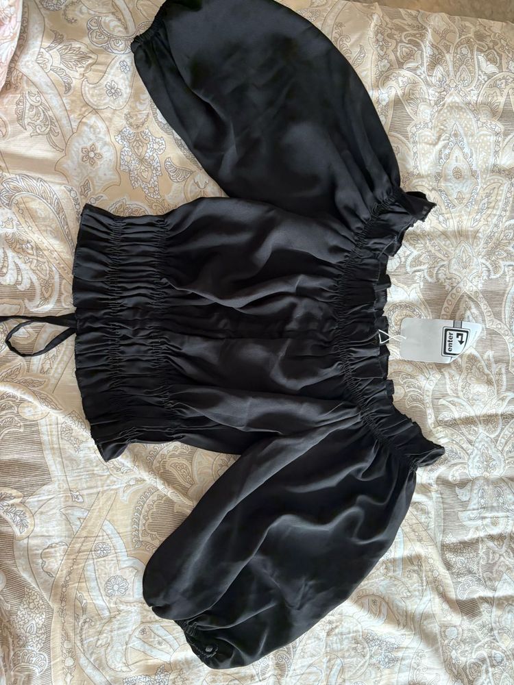Black Off-Shoulder Puff Sleeve Bardot Top