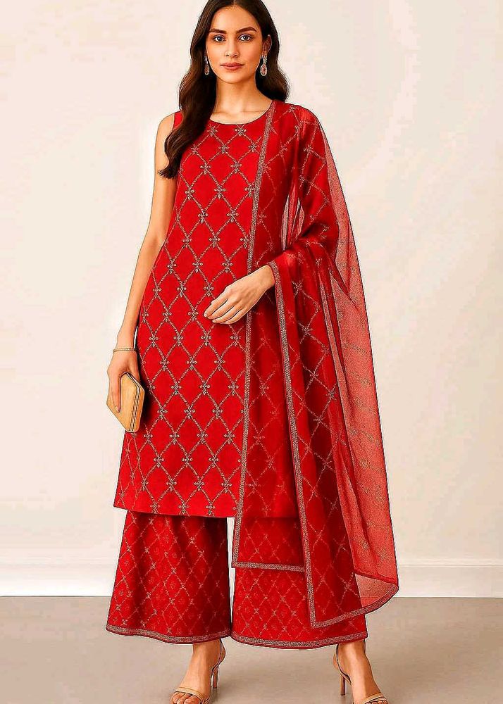 Red sequins embroidery Kurta Set both side