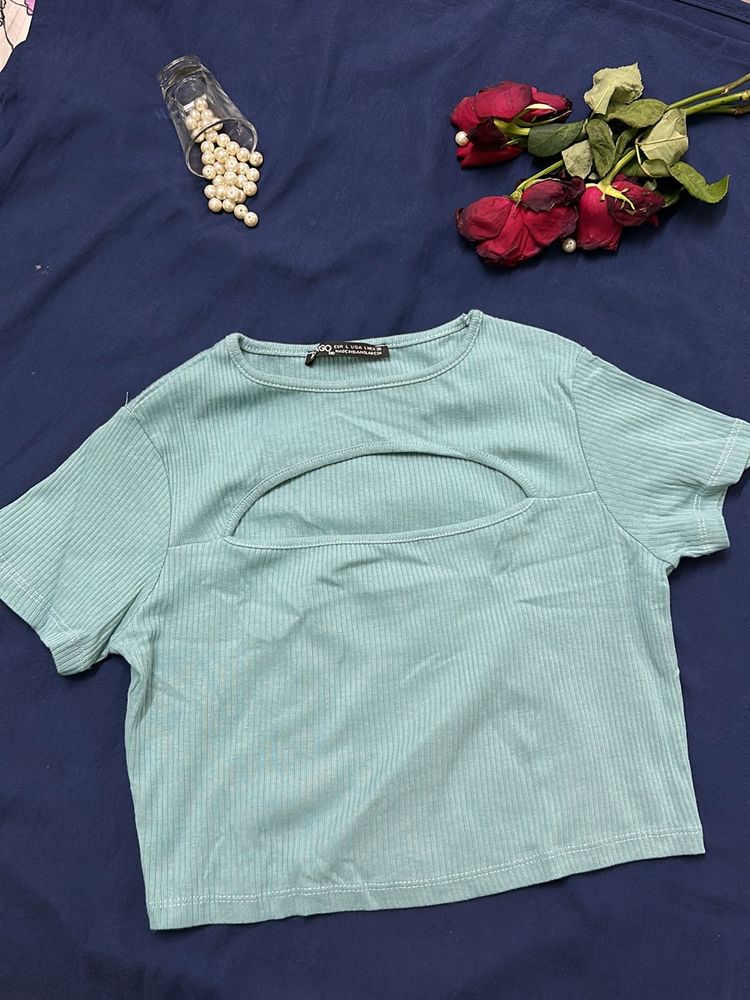 Ribbed Blue Crop Top With Neck Detail