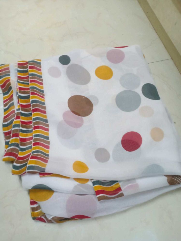 White Saree With Colorful Dots