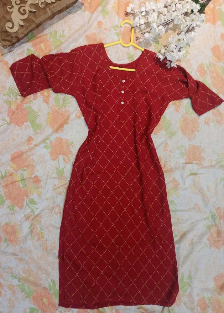 Red Checkered Kurtha With Gold pattern,Size-S