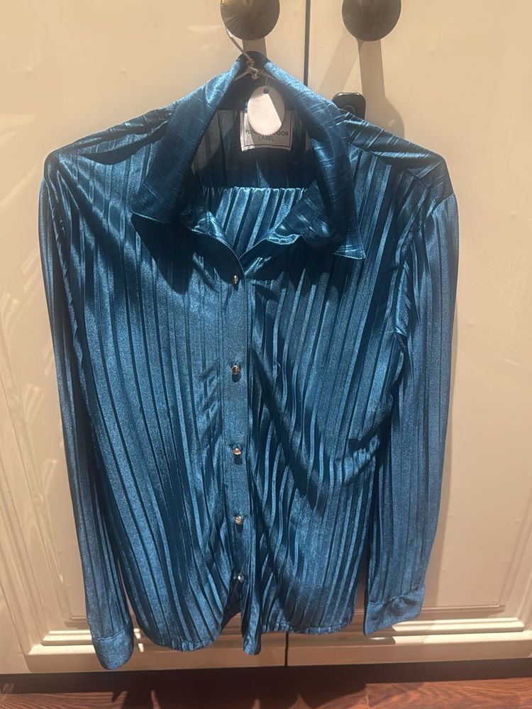 Blue Pleated Shirt And Skirt Set