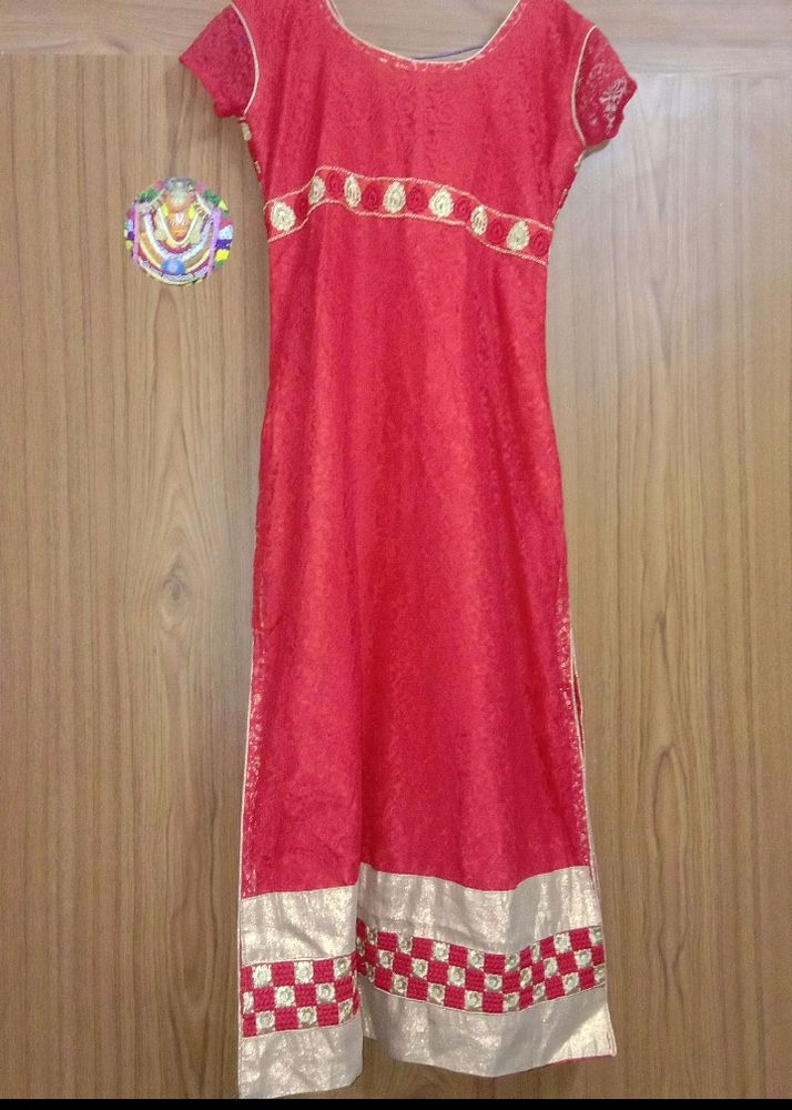 Red A-line Slit Kurta Set