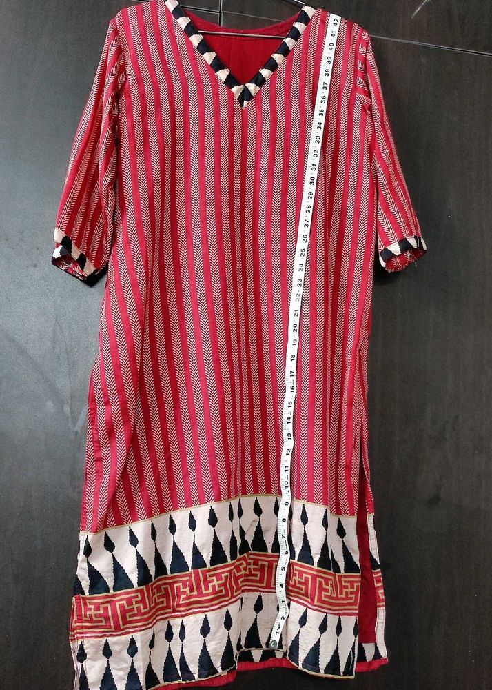 XL Red-Maroon Semi Silk Striped Kurta