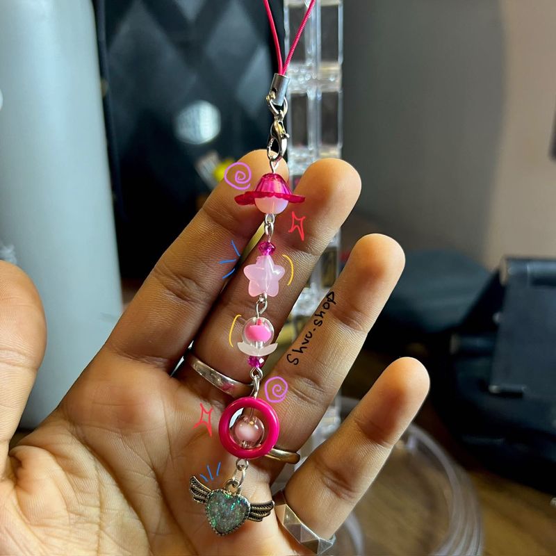 Cute Pink Themed Handmade Beaded Phone Charm