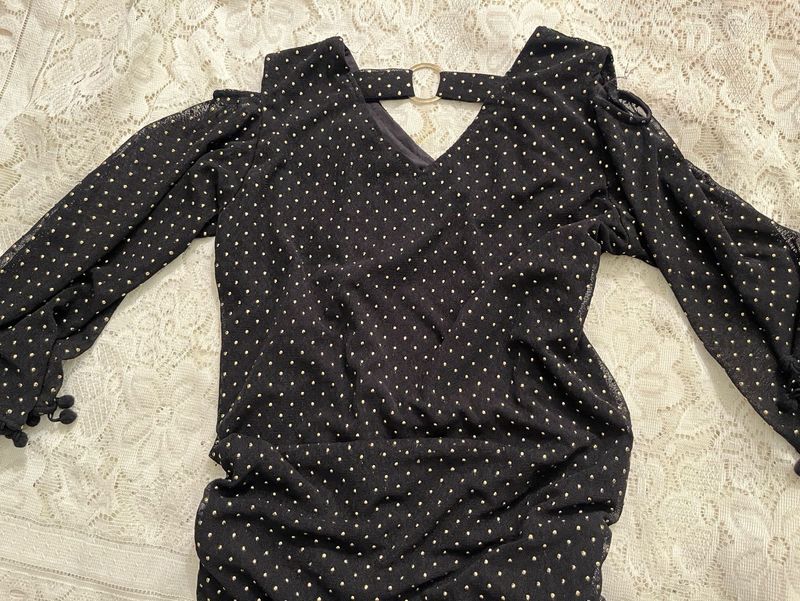 Black Polka Dot Sheer Top with Statement Sleeves