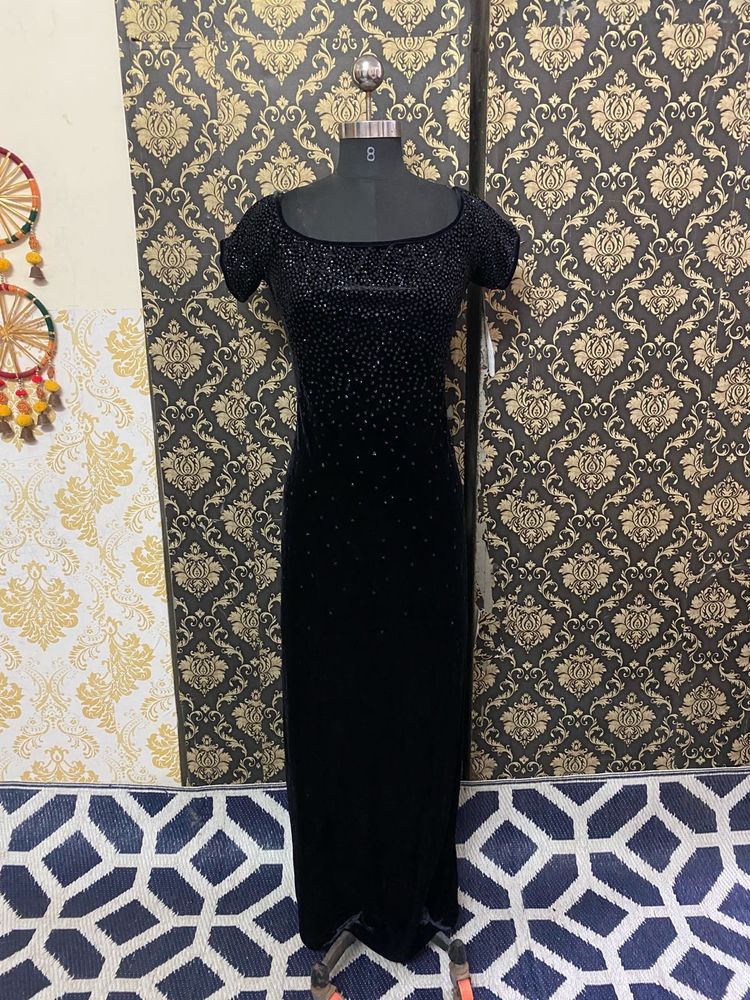 Black Velvet Embellished Maxi Dress