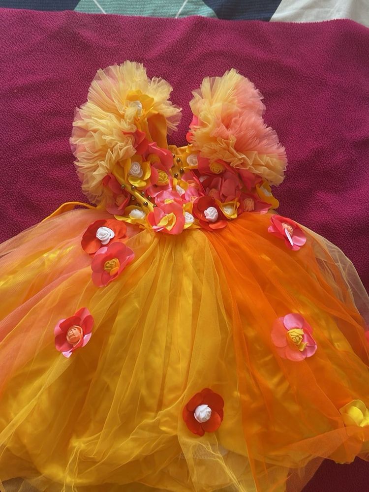 Net Embellished Fluffy Yellow Orange Dress