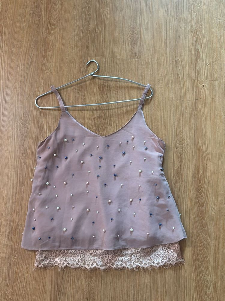 Peach Spegatti Top With Pearl Details