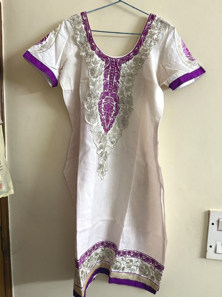 Embroidery White Purple Kurta