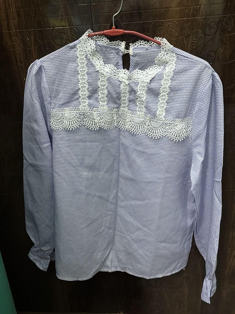 Lavender Check Top With Lace