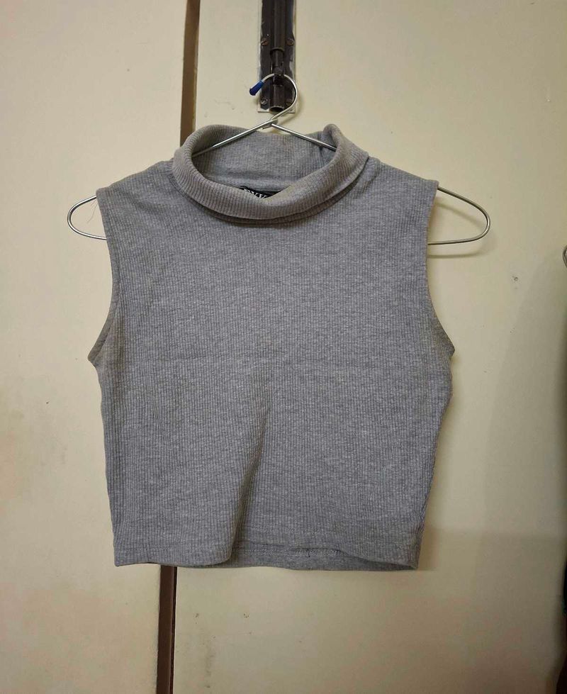 Grey Sleeveless Turtleneck Top