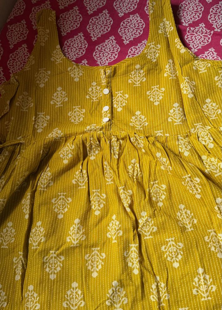 Yellow Printed Casual Dress(Short kurti)