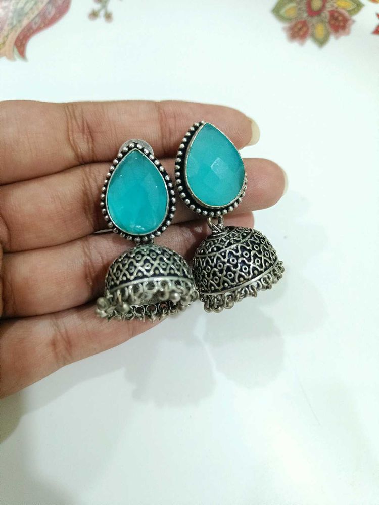 German Silver Monalisa Stone Jhumkas
