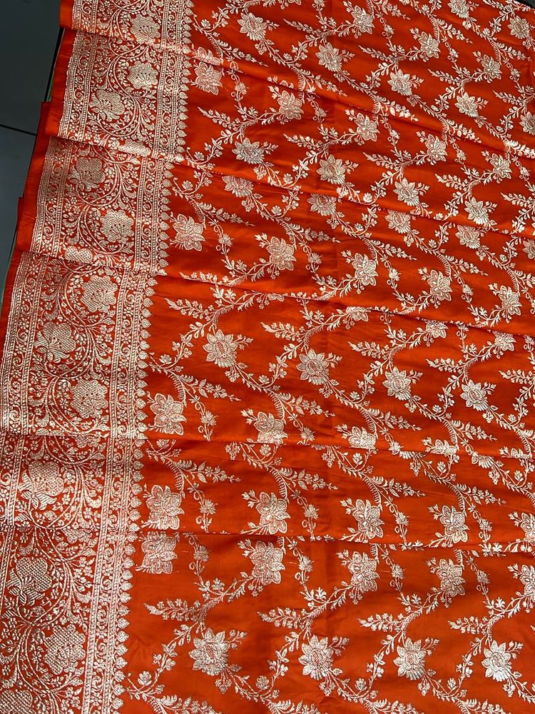 Classy Pure Silk Orange Banarasi Saree