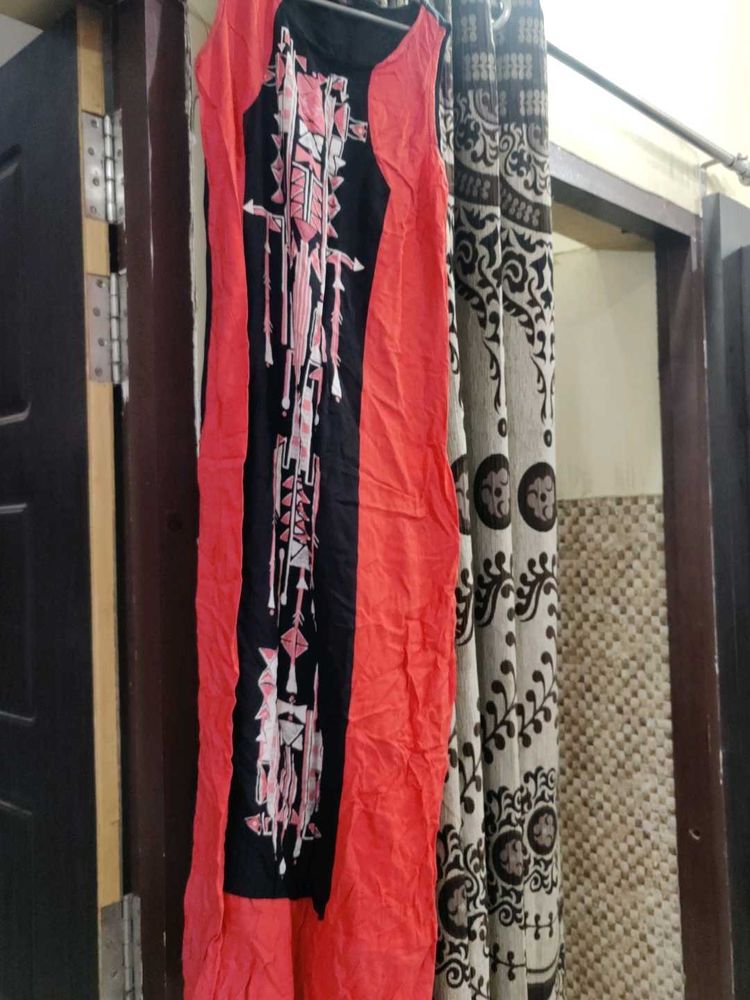 Red Sleeveless Dress with Geometric Print
