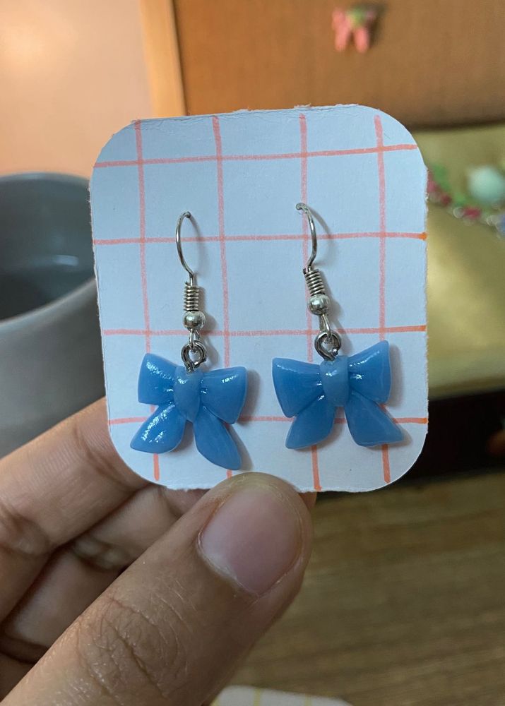Blue Bow Drop Earrings