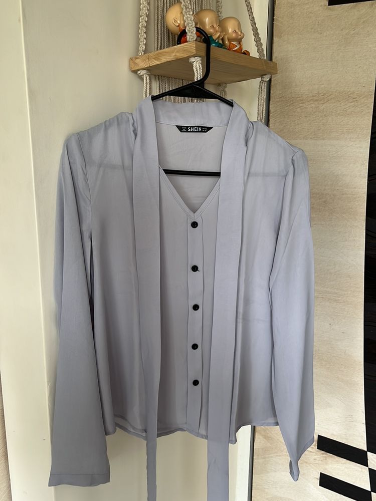 Formal Top With Tie Up Neck Line Detailing In Grey Color And Full Sleeves