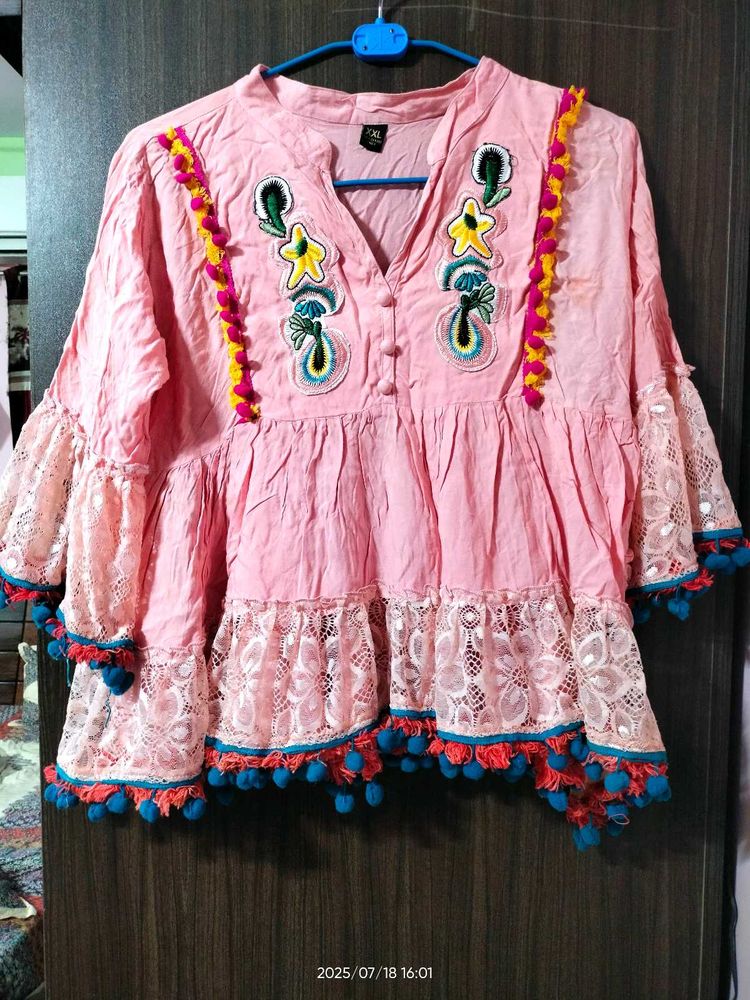 Boho Pink Embroidered Top