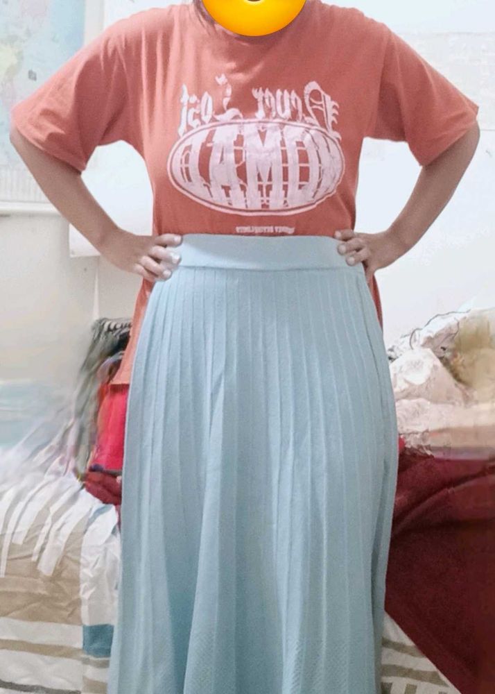 Pleated straight long woolen skirt