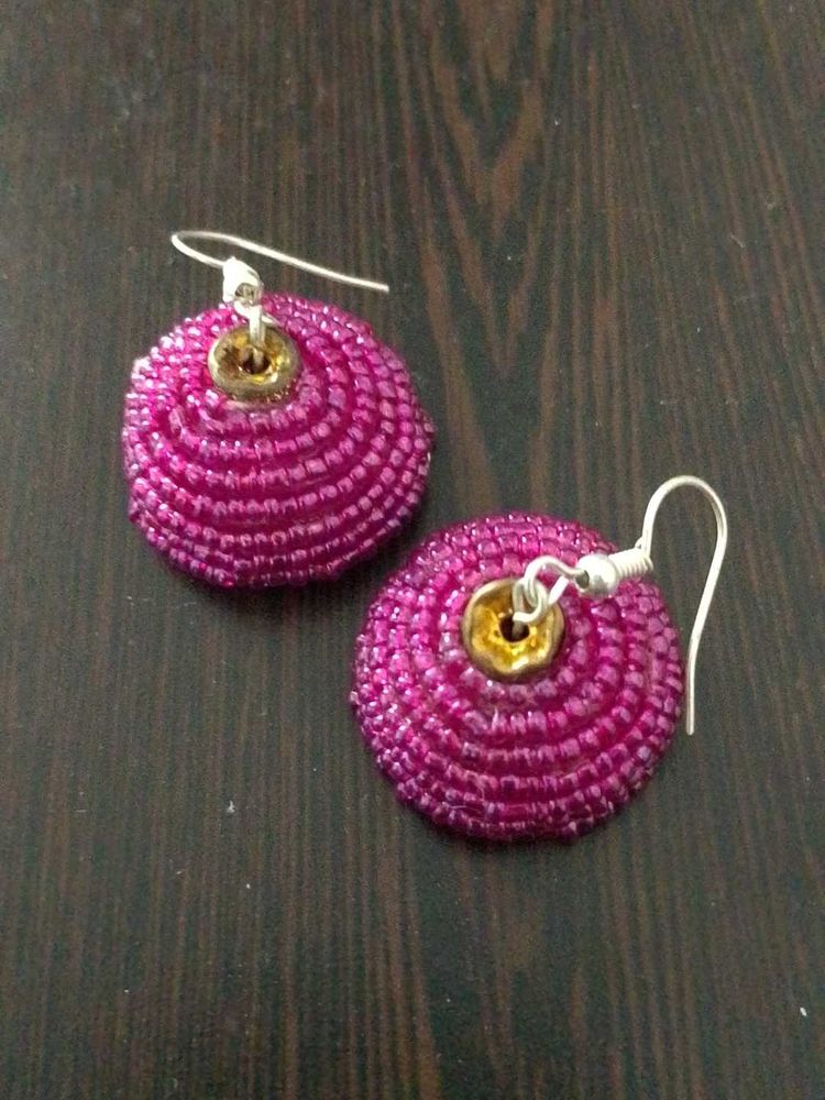 Magenta Beaded Circle Earrings