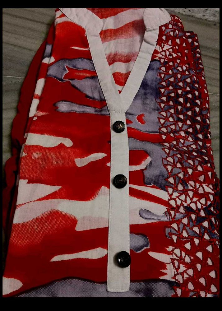 Red &amp; White Printed Kurti Set