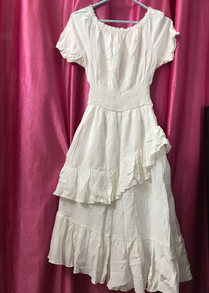 White Flared ,Layer Type Midi Dress