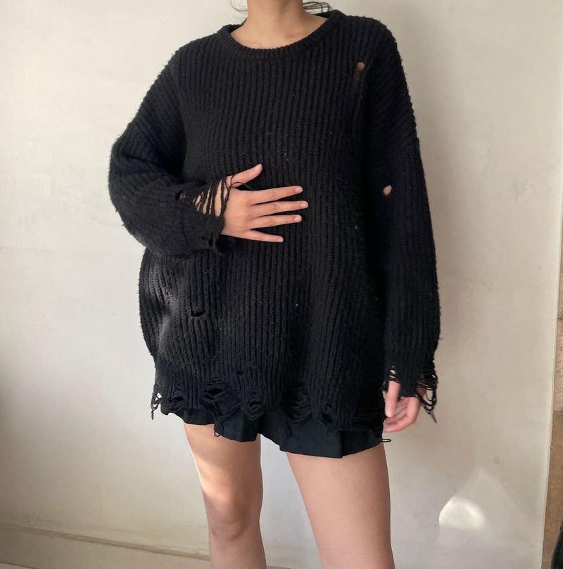 Distressed Black Knit Sweater