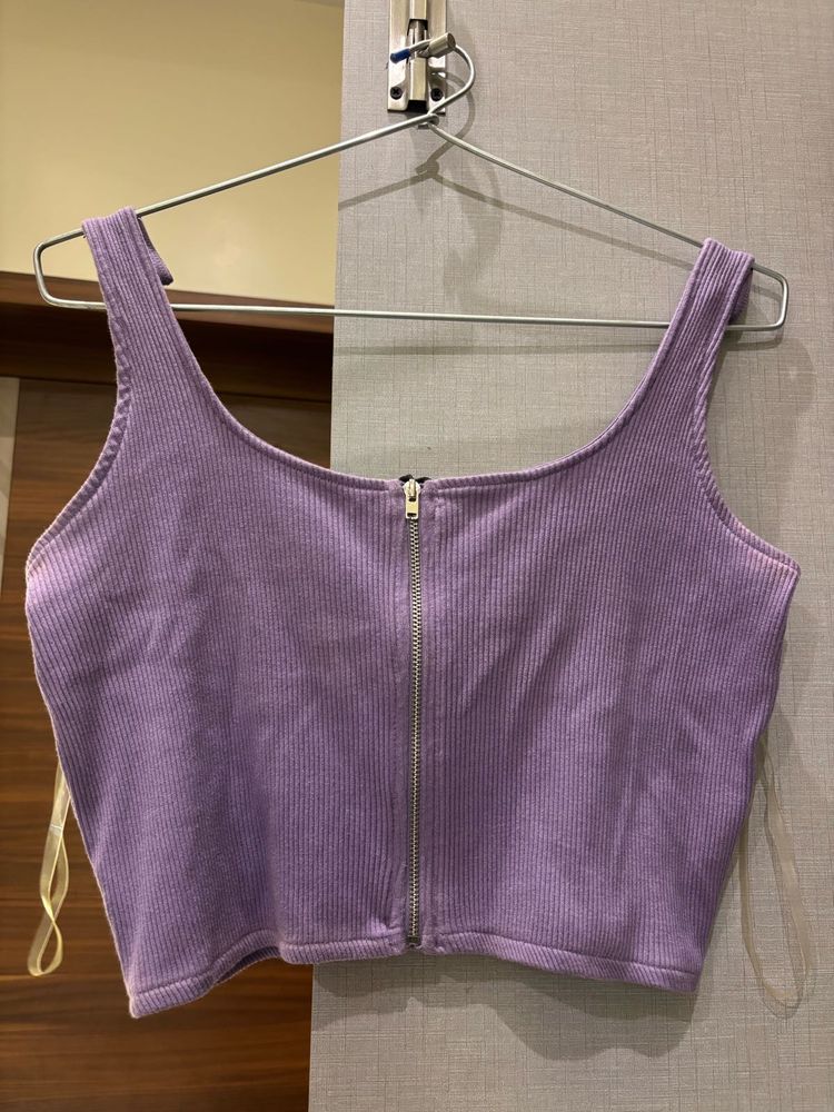 Purple Ribbed Zip-Up Crop Top