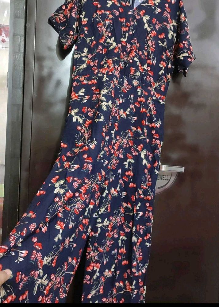Navy Blue Jumpsuit Red Floral Print For 38 Bust