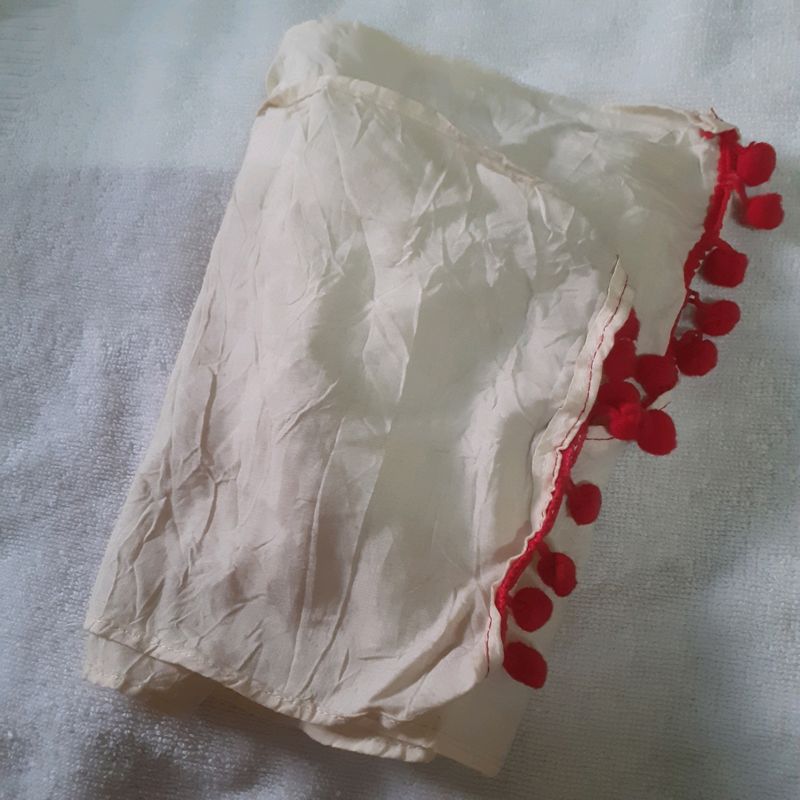 Little Baby Girls Dupatta White Color With Red Pompom Chunni Stole for salwar kameez lehenga Girls Unni Kids Children Clothes Accessories Fashion Items