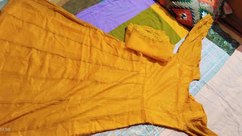 Musturd Colour Long Anarkali With Net Dupatta