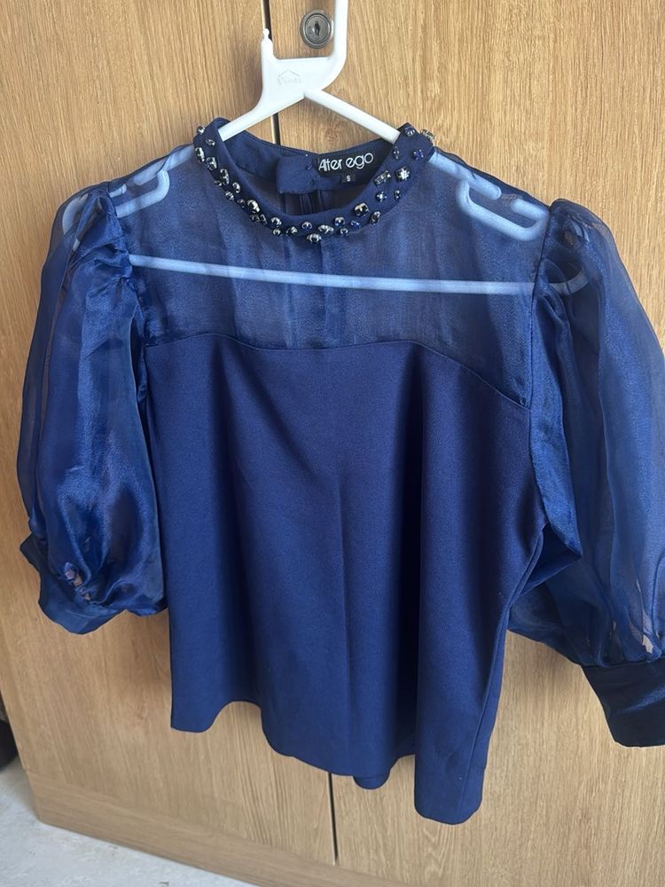 Elegant Navy Blue Sheer Sleeve Top