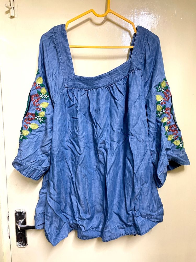 Embroidered Denim Peasant Top