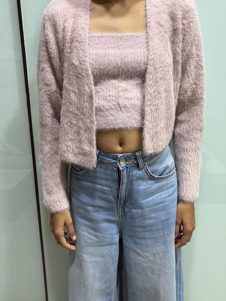 Pink Fuzzy Cardigan Set