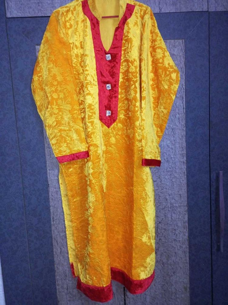Velvet Yellow Stitched Kurta