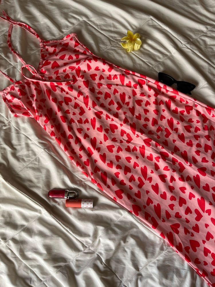 Pink Heart Print Slip Dress