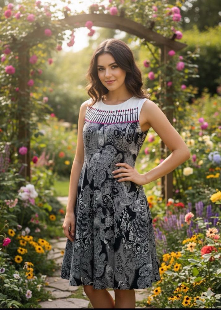 Black &amp; White Floral A-Line Sleeveless Dress