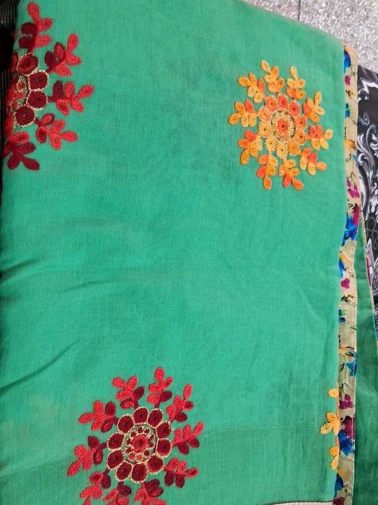 Embroidered Green Saree with out blouse