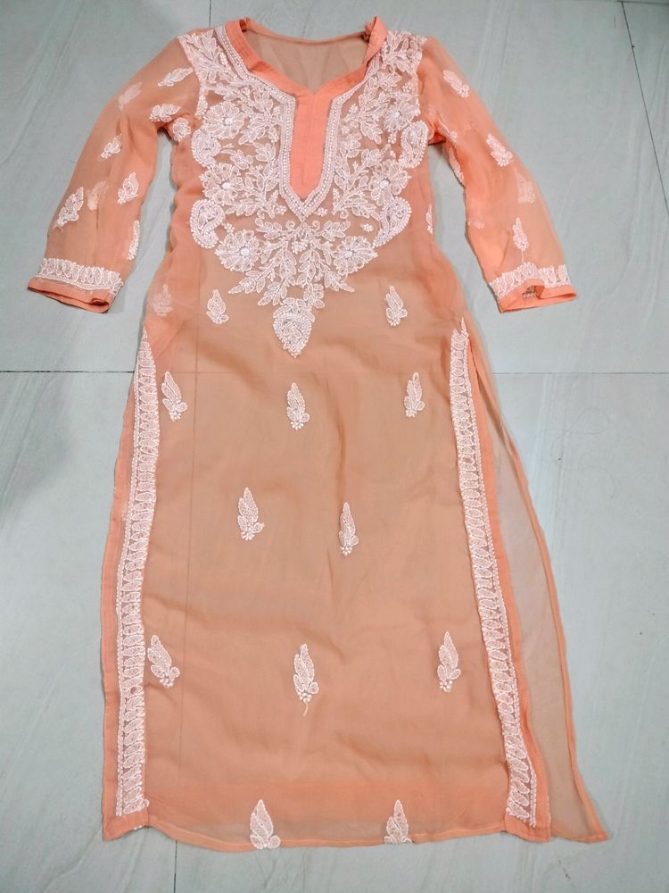 Peach Lakhnavi Chikankari Kurti With Inner