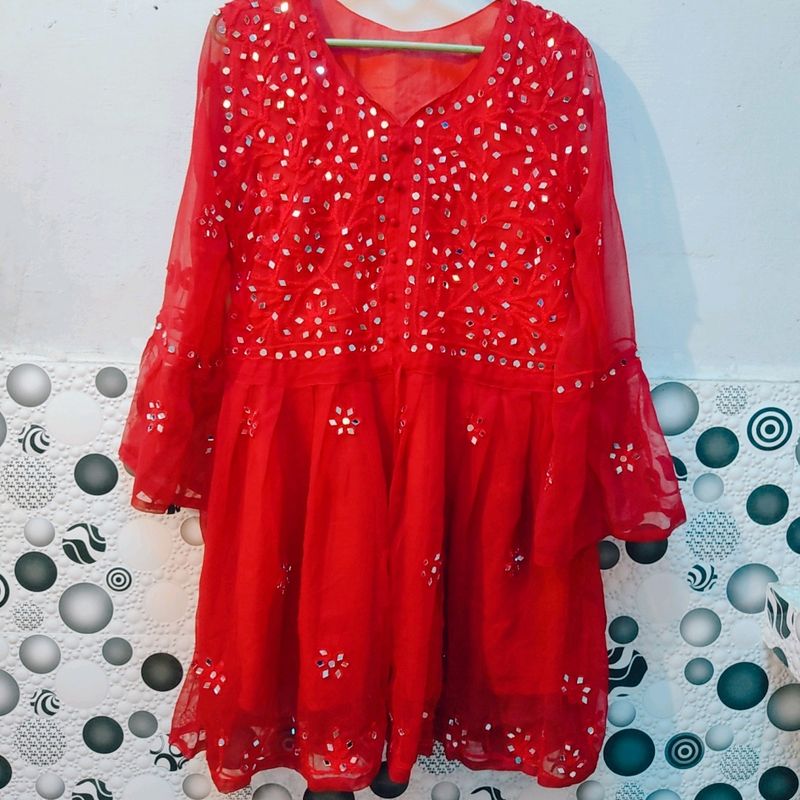 Red Mirror Work Chikankari Short Kurti ❤