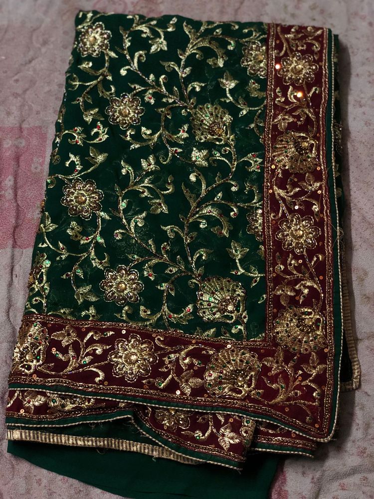 Green and Gold Embroidered Saree