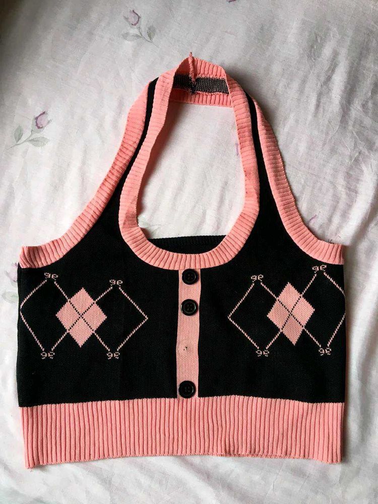 Pink &amp; Black Knit Halter Top