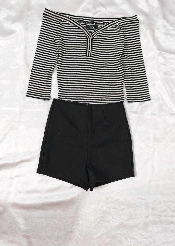 Striped Top &amp; Black Shorts Set