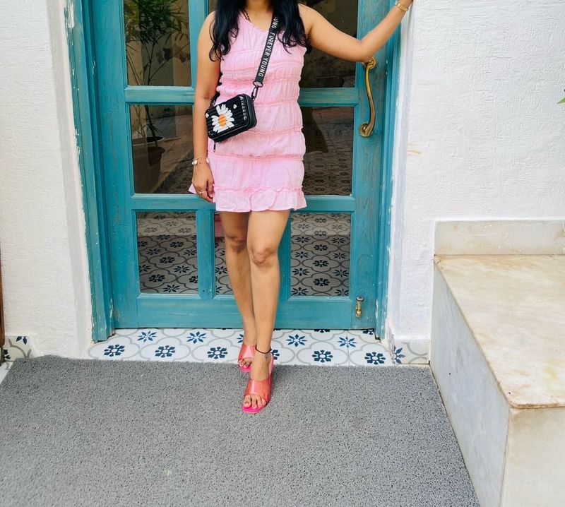 Cute Pink one shoulder Ruffled Mini Dress