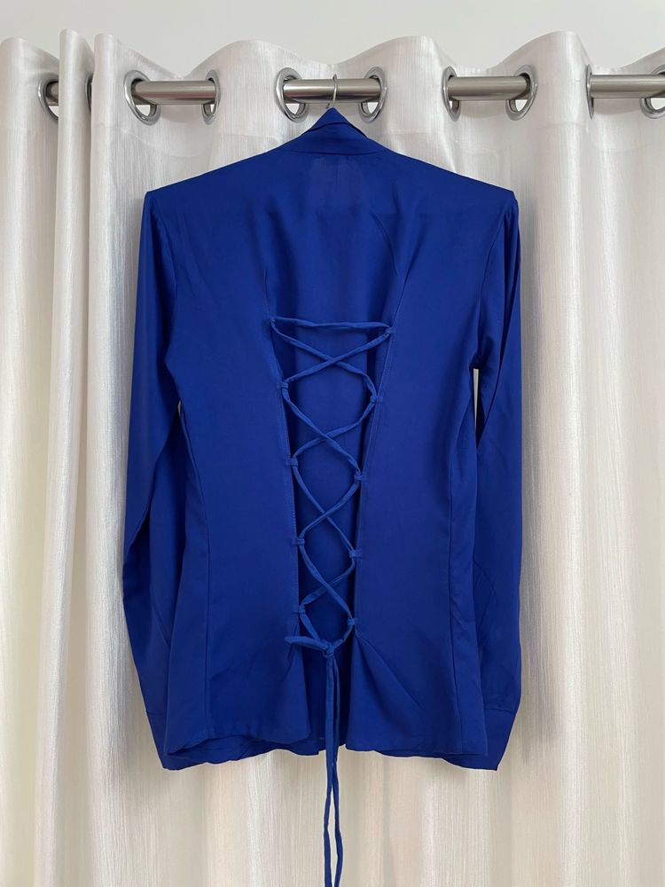 Royal blue fitted lace up corset shirt
