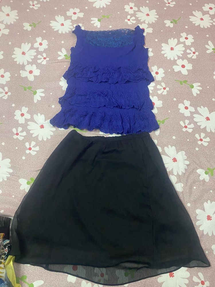 Cute Blue Top &amp; Black Skirt Set
